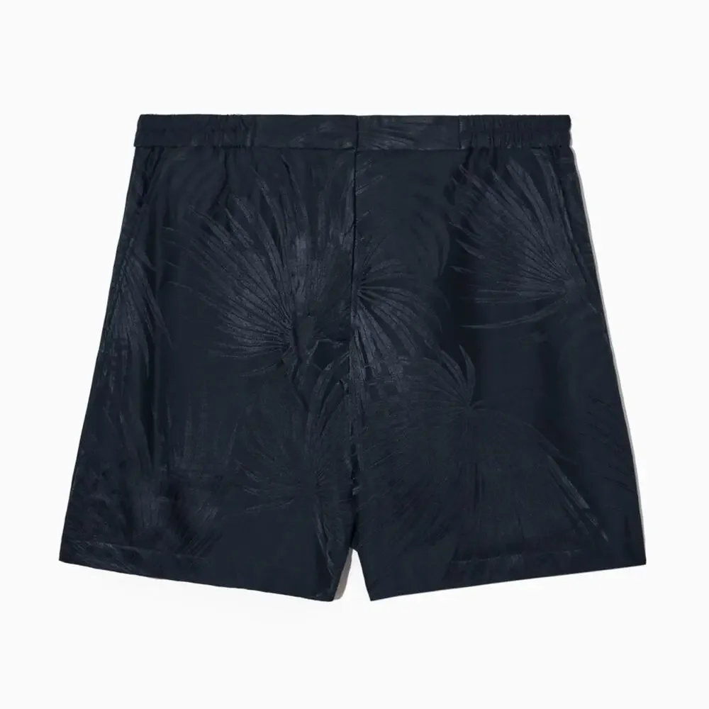 COS Navy Blue Palm Leaf Pattern High Waist Silk Blend 3 Inch Inseam Shorts XS